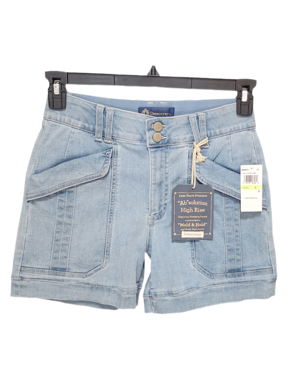Democracy 4.5" Denim Utility Shorts Stretch High Rise Ab Solution Light Blue 4 - Picture 6 of 9